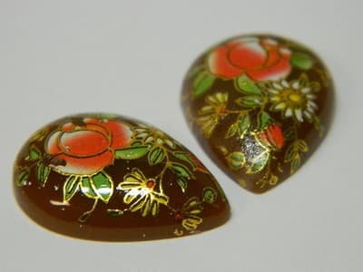25x18MM Printed Brown Glass Cabochons - Vintage Floral Flat Drop Glass Cab - Thumbnail 3