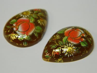 25x18MM Printed Brown Glass Cabochons - Vintage Floral Flat Drop Glass Cab - Thumbnail 7
