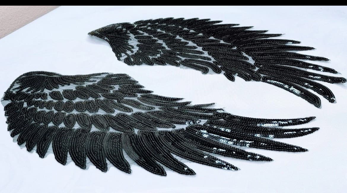 Large Black Sequin Angel Wings Embrodery Iron on Patch - Image 1