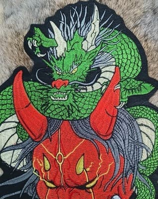 Big Red Oni Demon & Green Dragon Iron-On Embroidered Patch - Asian Mythological - Image 1