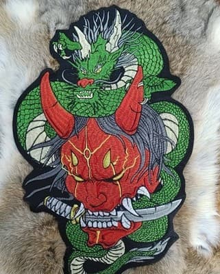 Big Red Oni Demon & Green Dragon Iron-On Embroidered Patch - Asian Mythological - Thumbnail 2
