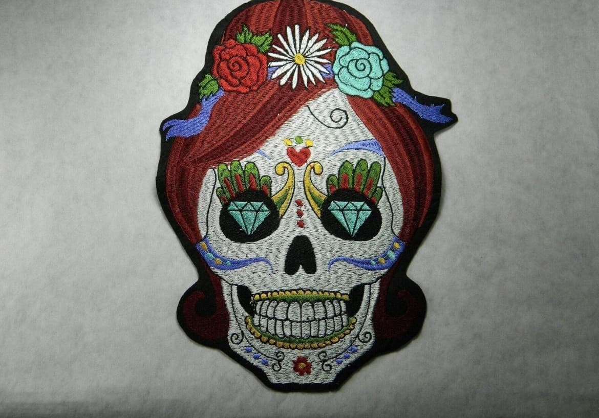 Large Sugar Skull Embrodery Iron on Patch Diamond Eyes Flowers(10.5x7.4') - Image 1
