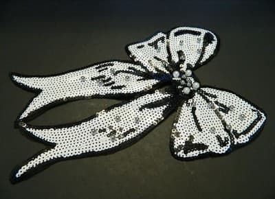 Giant Sequin Gift Bow Patch: White, Black & Silver Embroidery (11x7") - Image 1