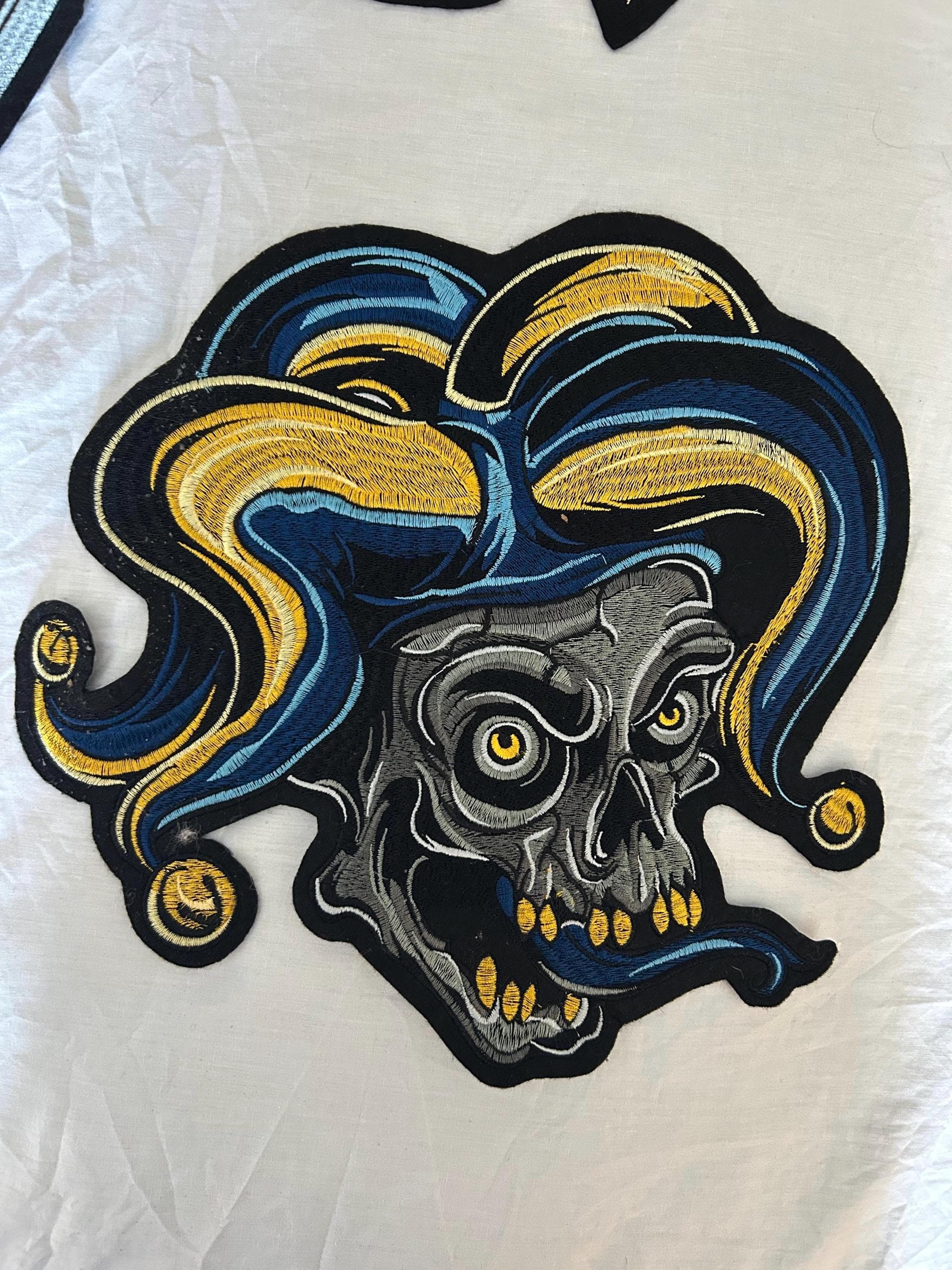 Large Jester Skull Embroidered Patch – Undead Royal Court, Blue &Gold - Image 1