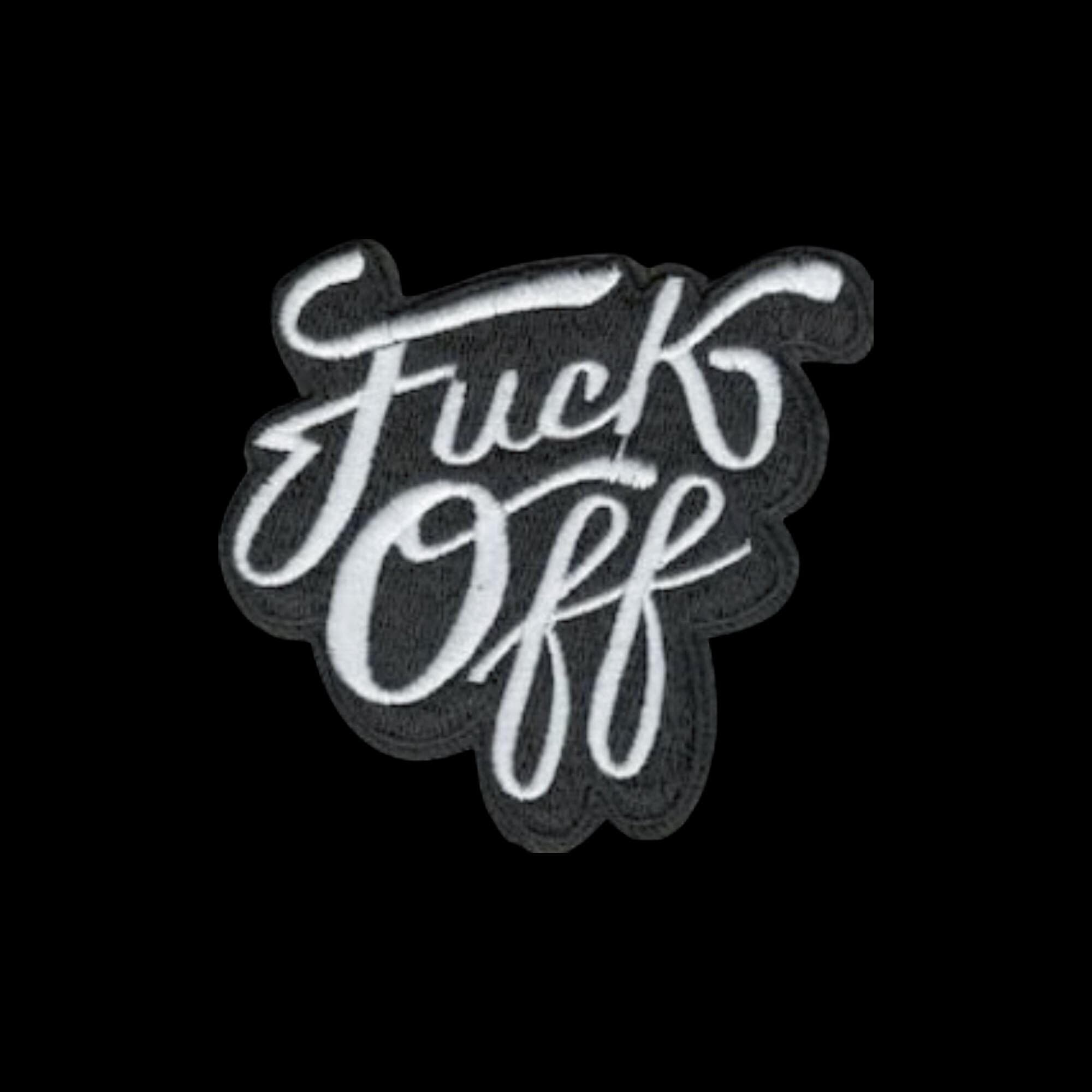 Fuck Off Iron On Patch, 2" Script Applique, Black and White Heat Transfer for Hats and Jackets - Image 1