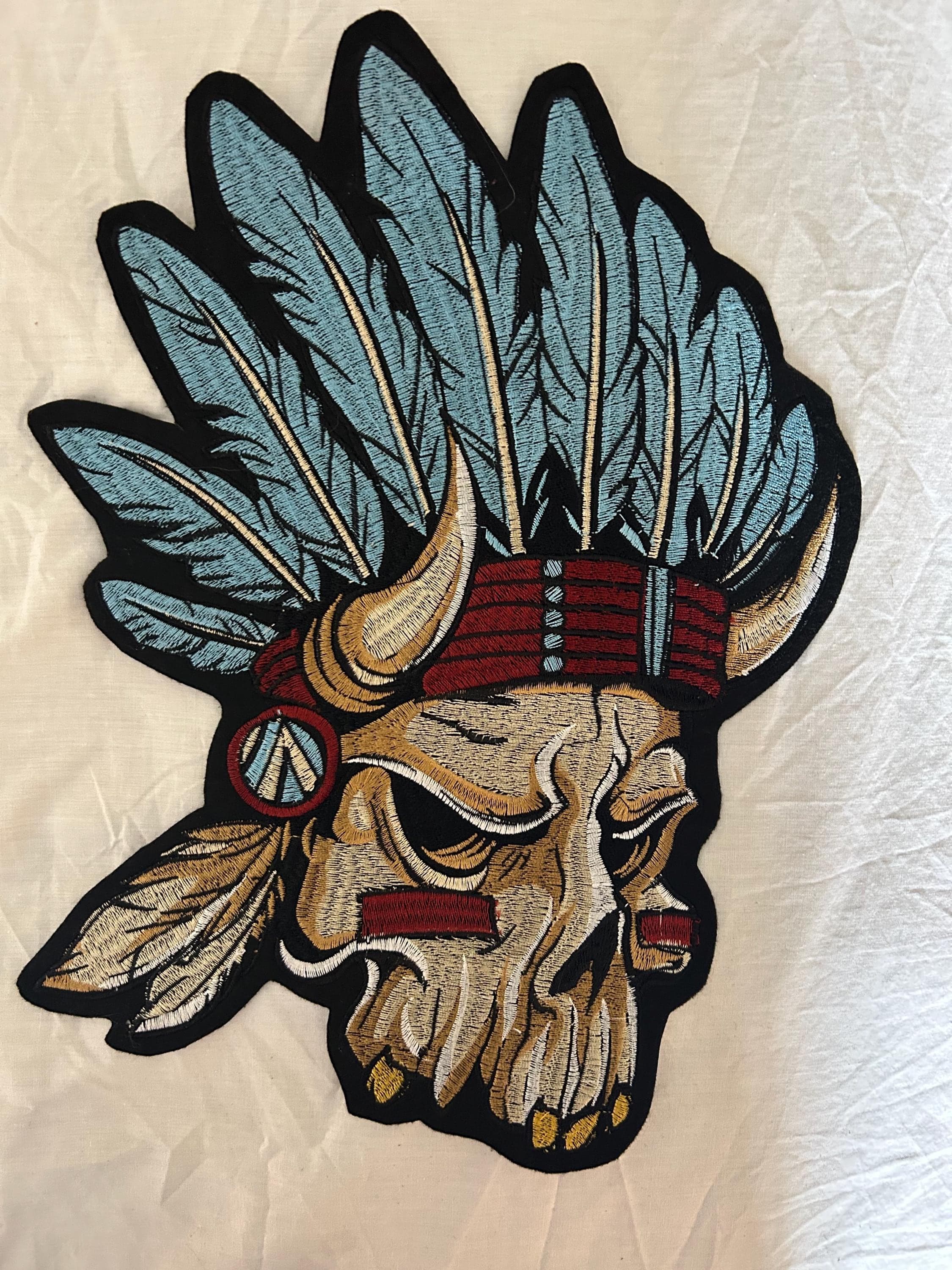 Native American Chief Skull Embroidered Patch 12” iron on patch - Image 1