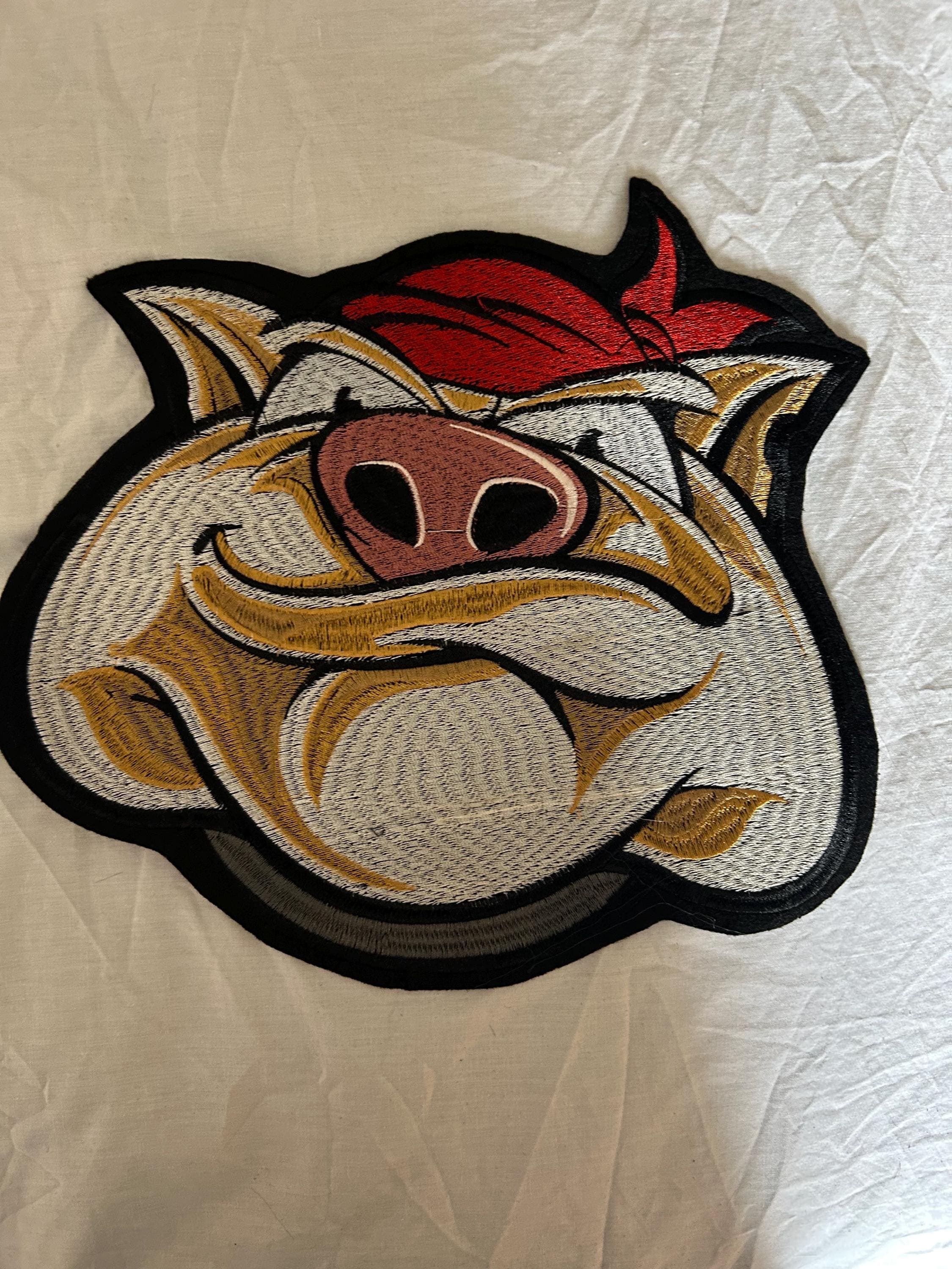Embroidered Angry Pig Patch: Iron-On Biker Badge Applique for Jackets - Image 1