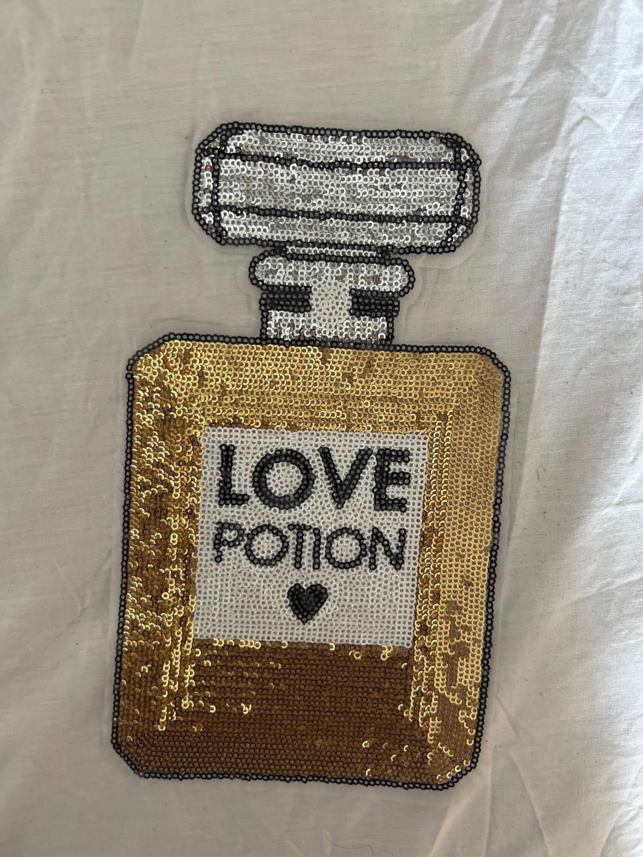 Sequin Perfume Bottle Patch: "Love Potion" Sew-On Applique – 10" Tall - Image 1