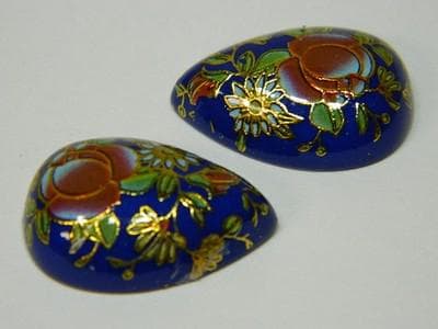 Vintage Floral Glass Cabochons - Blue Gold Red Teardrop Flat Backs - Image 1
