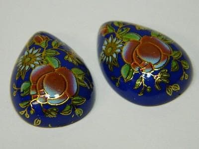 Vintage Floral Glass Cabochons - Blue Gold Red Teardrop Flat Backs - Thumbnail 3