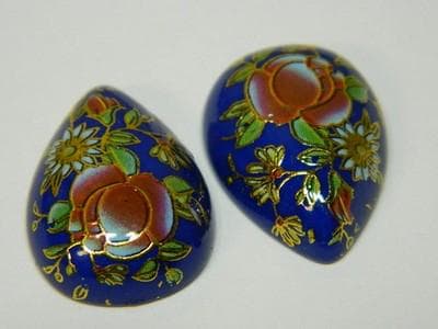 Vintage Floral Glass Cabochons - Blue Gold Red Teardrop Flat Backs - Thumbnail 8
