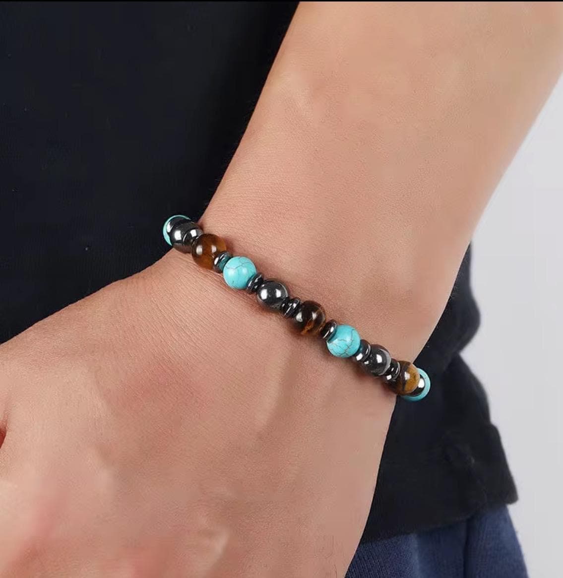 Triple Protection Gemstone Bracelet – Handmade Hematite, Turquoise & Tiger Eye - Thumbnail 4