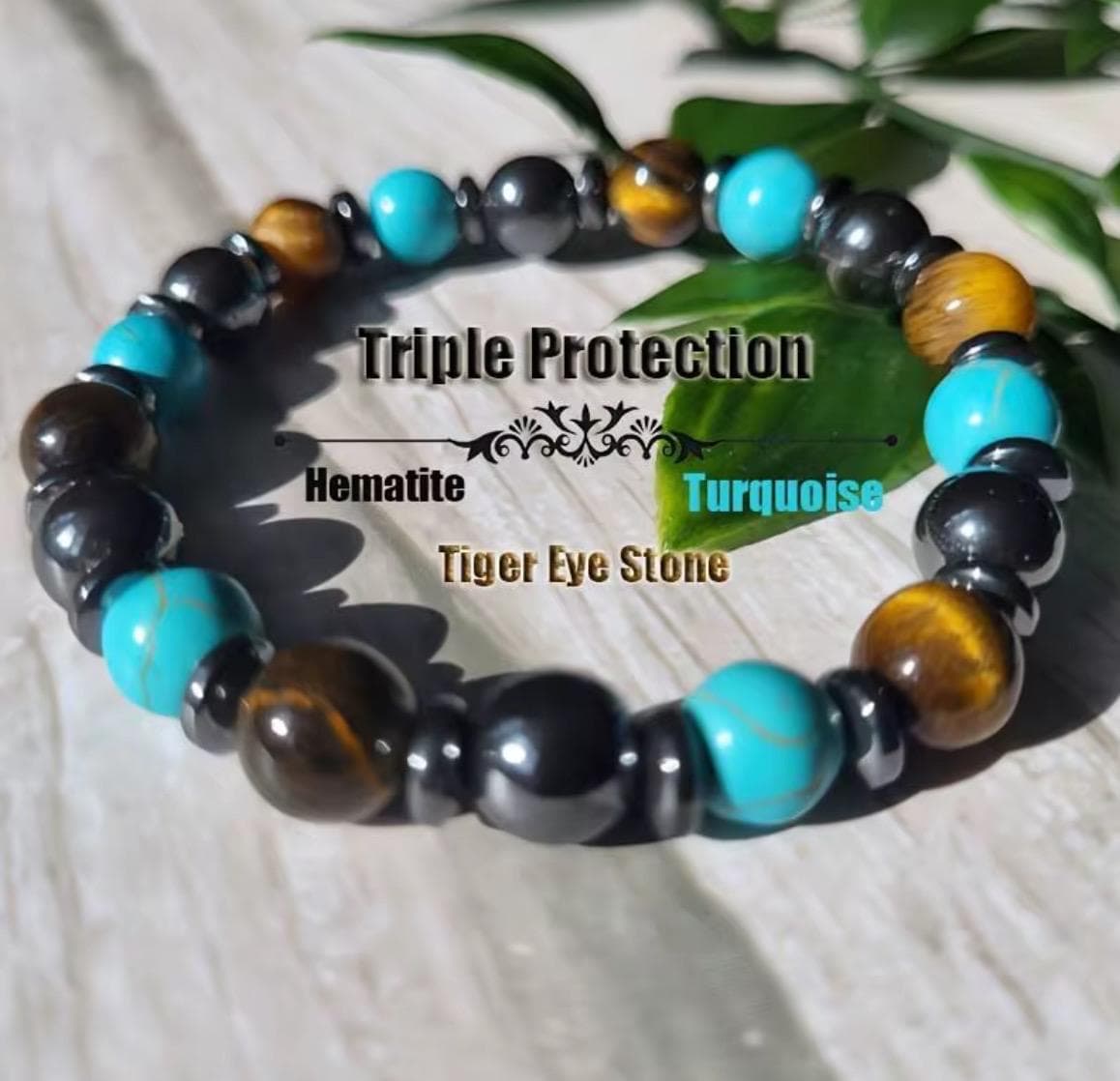 Triple Protection Gemstone Bracelet – Handmade Hematite, Turquoise & Tiger Eye - Image 1