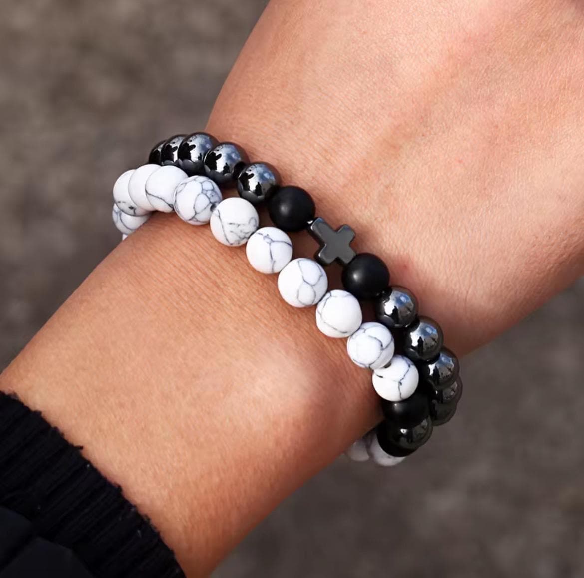 Hematite and Howlite Cross stretch Bracelet Set - Natural Stone-Custom Size - Thumbnail 2