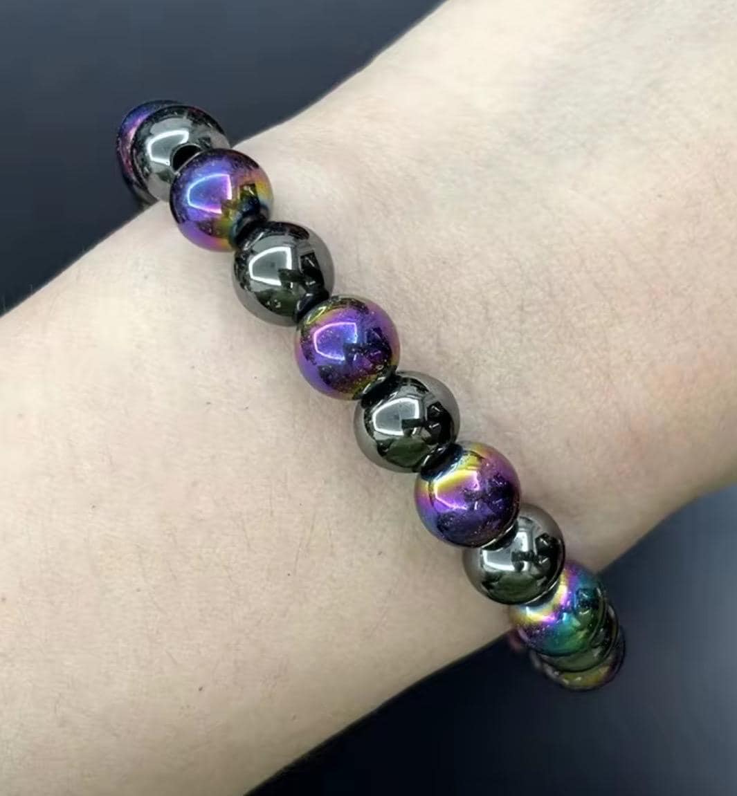 Rainbow Aura Hematite Bracelet Set, Lava Stone Diffuser, Grounding Jewelry - Thumbnail 3