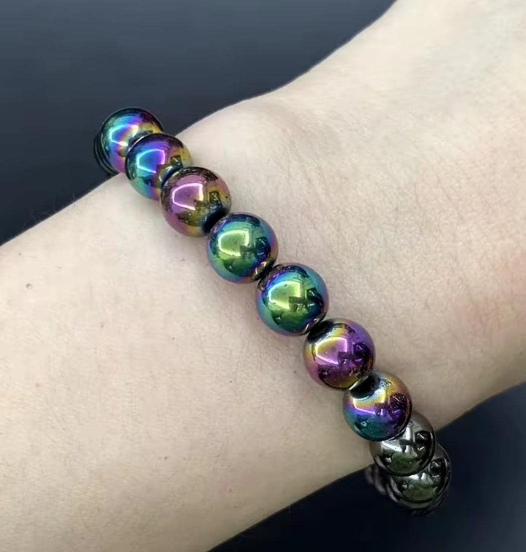 Rainbow Aura Hematite Bracelet Set, Lava Stone Diffuser, Grounding Jewelry - Thumbnail 6