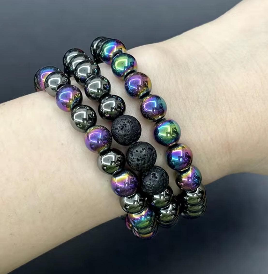 Rainbow Aura Hematite Bracelet Set, Lava Stone Diffuser, Grounding Jewelry - Thumbnail 4