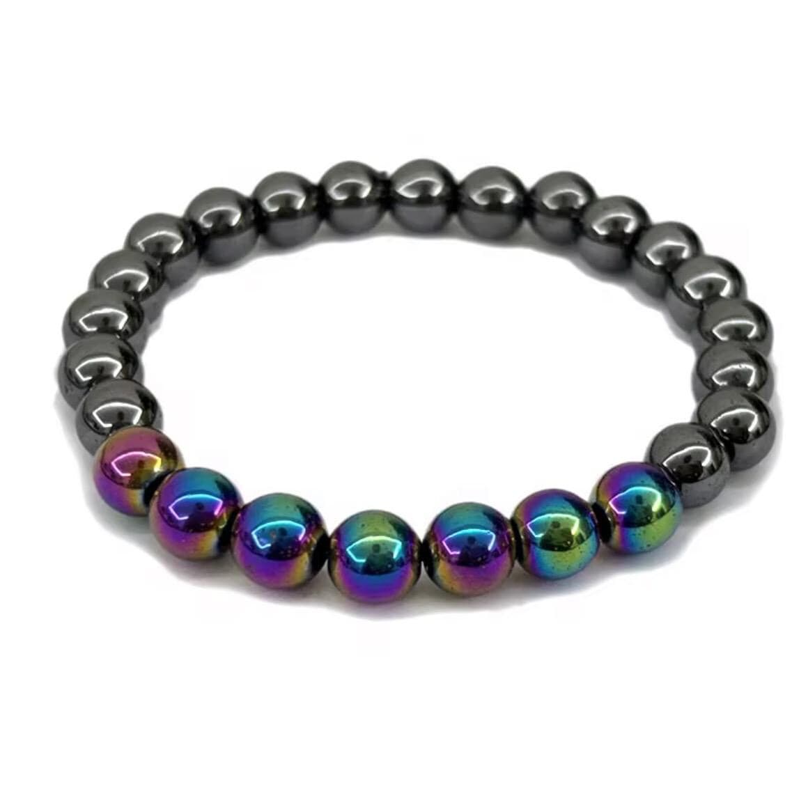 Rainbow Aura Hematite Bracelet Set, Lava Stone Diffuser, Grounding Jewelry - Thumbnail 2