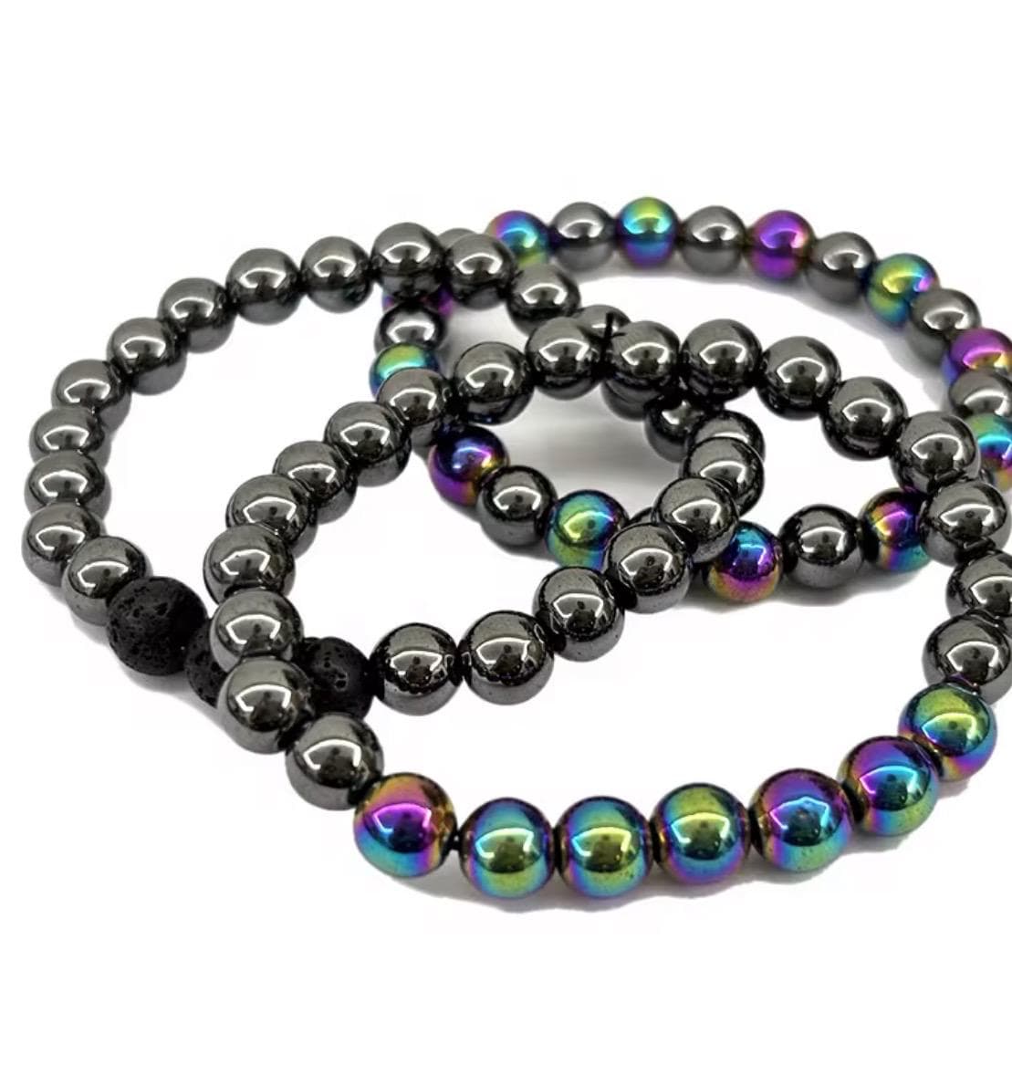 Rainbow Aura Hematite Bracelet Set, Lava Stone Diffuser, Grounding Jewelry - Image 1