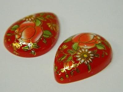 Floral Glass Cabochons: Vintage Red Prints (Teardrop, 3pcs) - Thumbnail 2