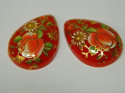 Floral Glass Cabochons: Vintage Red Prints (Teardrop, 3pcs) - Thumbnail 4