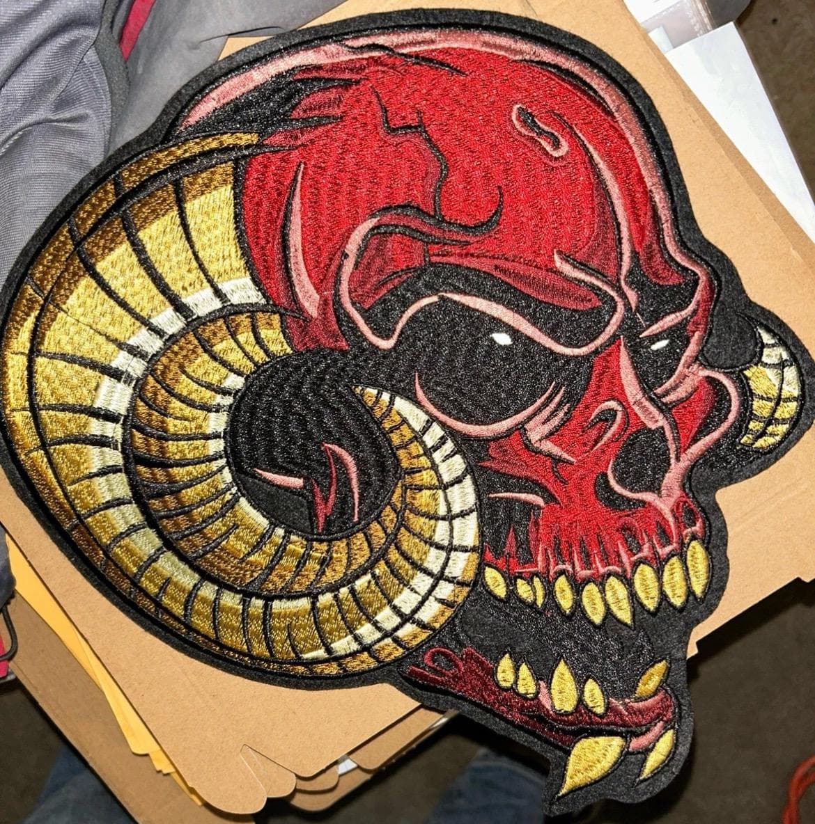 12”x11” Red Ram Demond Skull Head Iron - on Embroidery Patch - Image 1