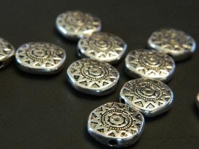 Tribal Sun Pewter Beads: Silver Tone Flat Coin, 13mm-25 beads per order - Thumbnail 3
