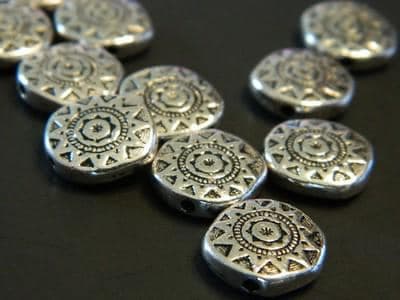 Tribal Sun Pewter Beads: Silver Tone Flat Coin, 13mm-25 beads per order - Image 1