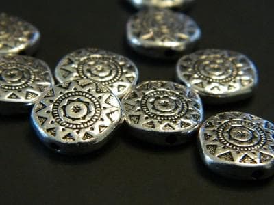 Tribal Sun Pewter Beads: Silver Tone Flat Coin, 13mm-25 beads per order - Thumbnail 2