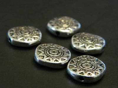 Tribal Sun Pewter Beads: Silver Tone Flat Coin, 13mm-25 beads per order - Thumbnail 5