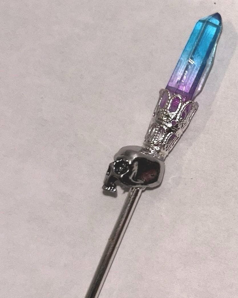 Skull Hair Wand: Pink Quartz and Silver Moon (Boho Gothic Style) - Image 1