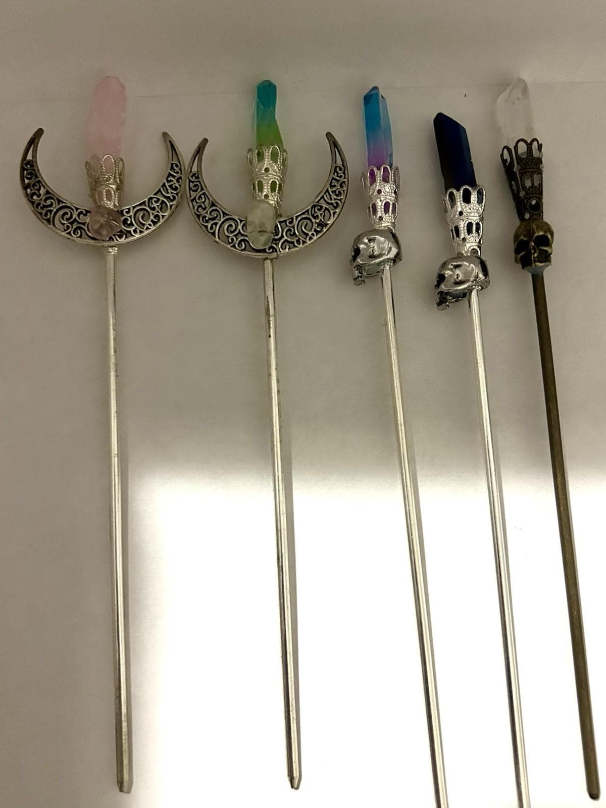 Skull Hair Wand: Pink Quartz and Silver Moon (Boho Gothic Style) - Thumbnail 2