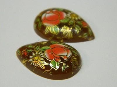 Vintage Floral Glass Cabochons: Brown Teardrop Pair (Flat Back) - Thumbnail 6