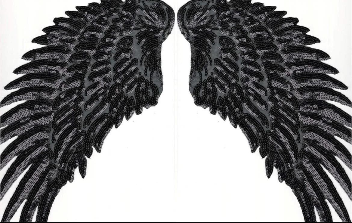 Black Sequin Angel Wings Patch: Large Embroidered Iron-On - Thumbnail 2