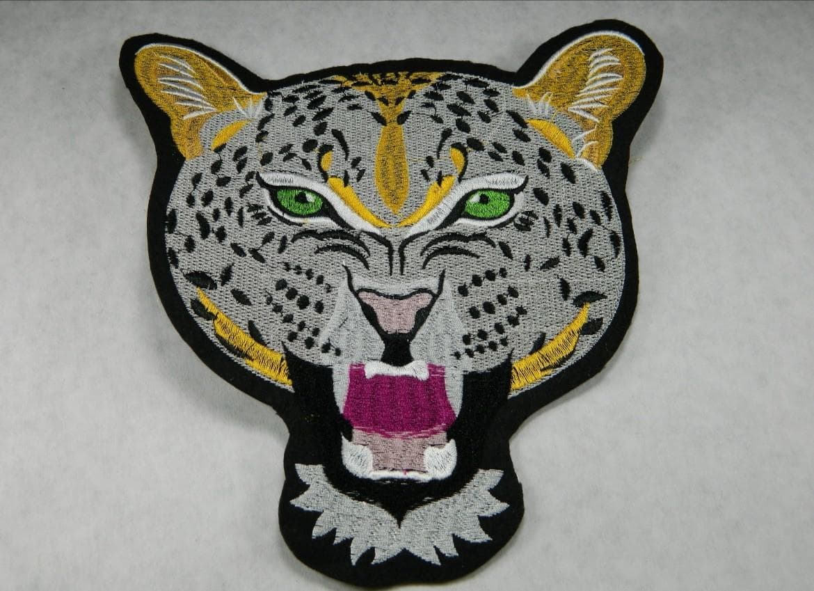 Angry Snow Leopard Embroidered Patch (Large Iron-On Applique) - Image 1
