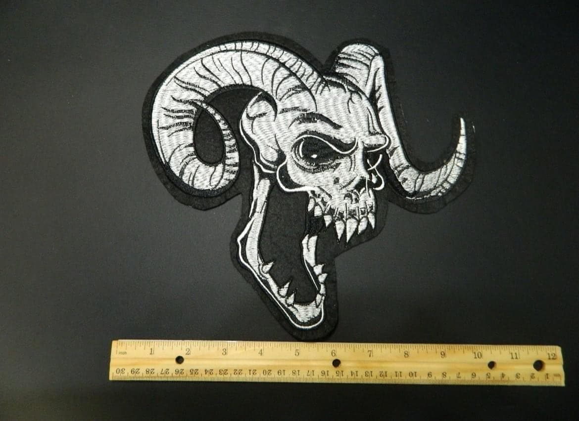 Horned Demon Patch: Black and White Iron-On (Large Embroidered Design) - Image 1