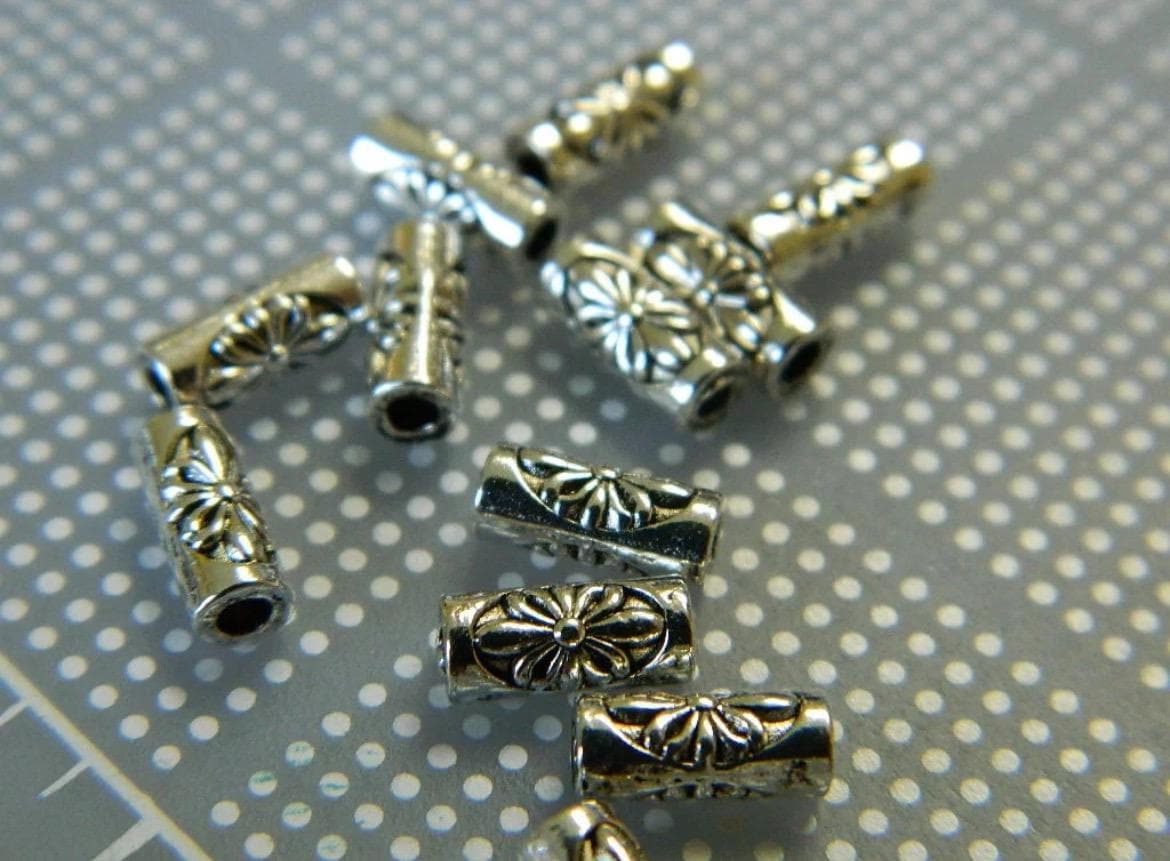 8mm Antique Tibetan Silver Tube Spacer Beads, Metal Alloy Jewelry Making Supplies - Thumbnail 2