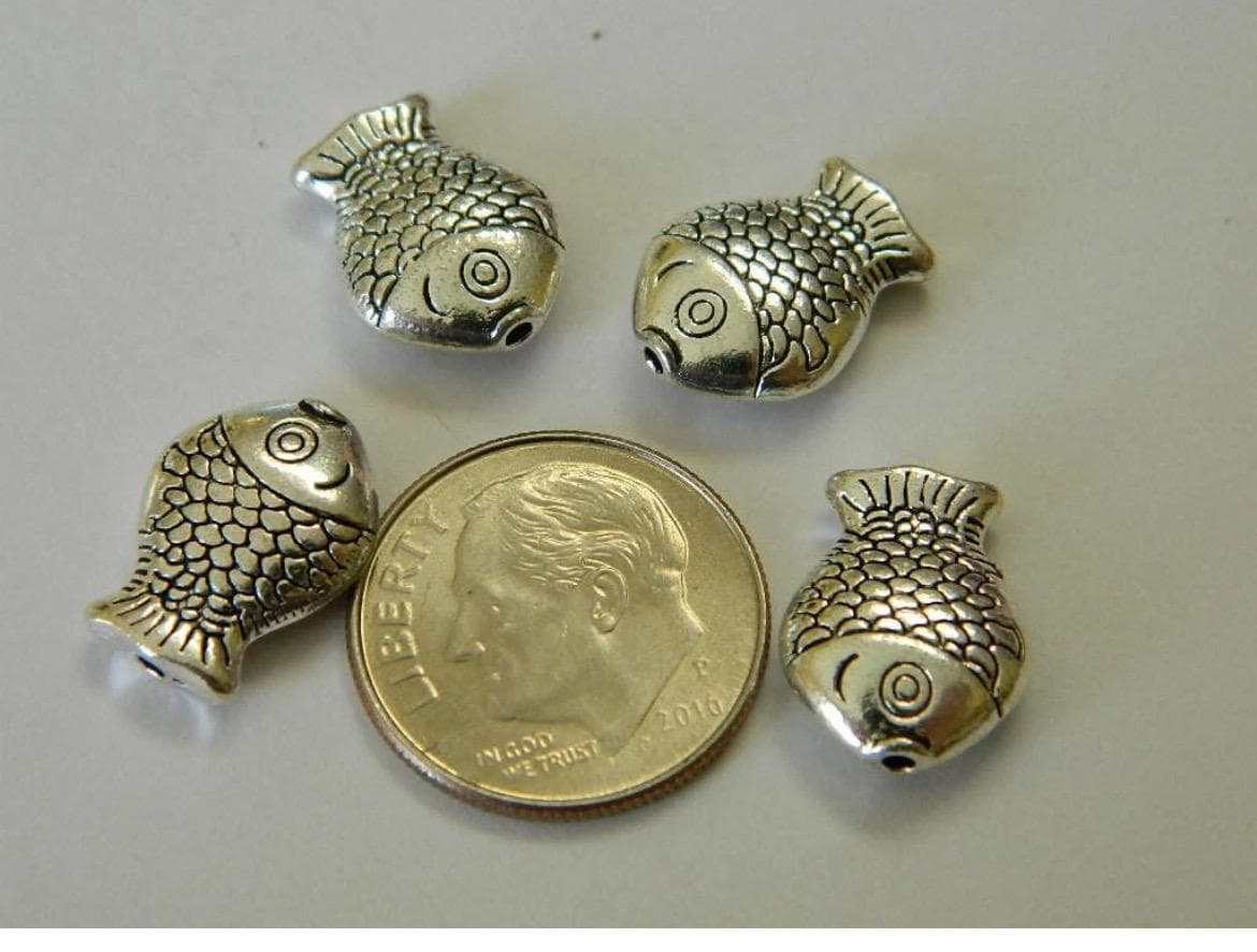 Antique Silver Tone Lucky Fish Beads, Tibetan Style Charms (10 per pack) - Thumbnail 2