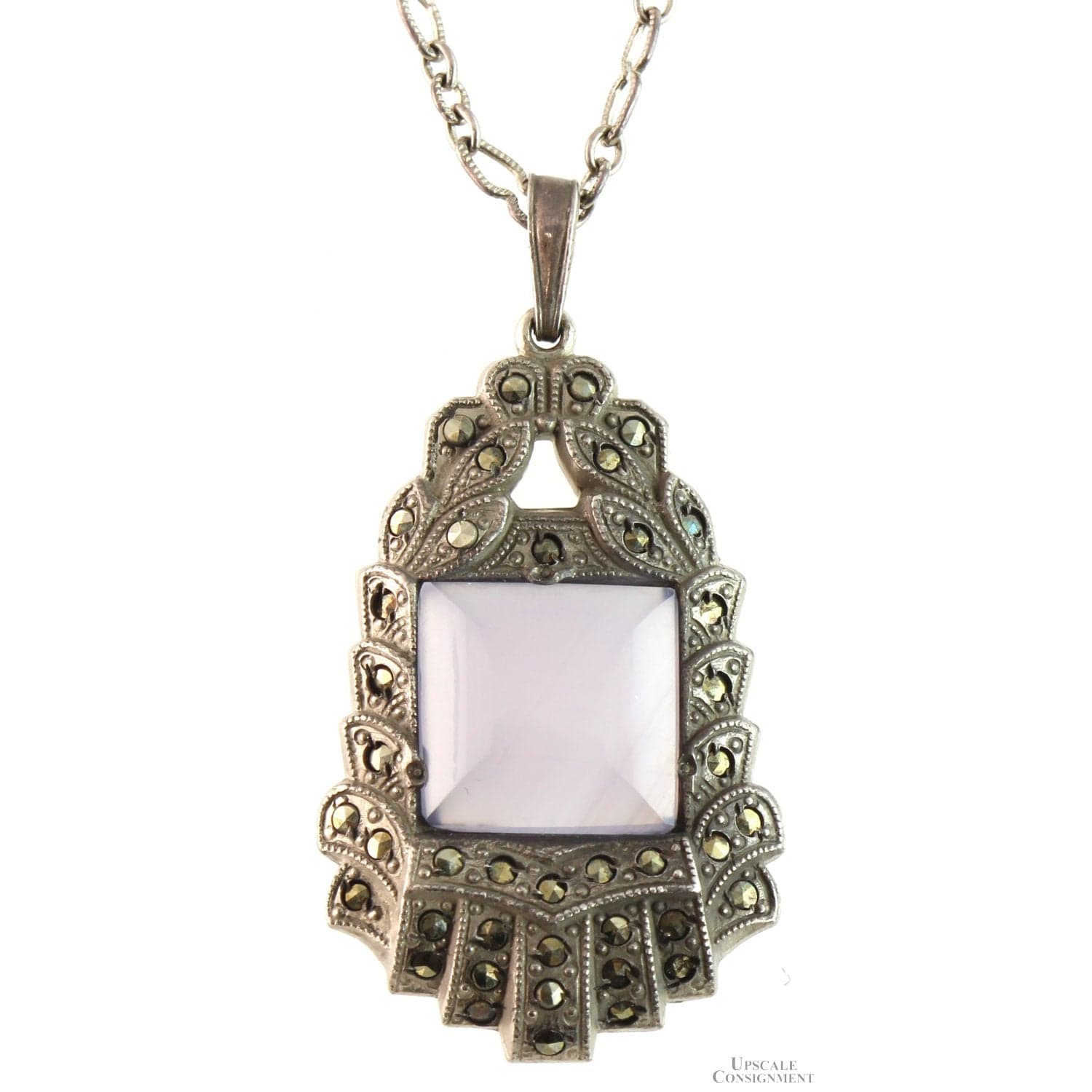 Sterling Silver Lavender Chalcedony Marcasite Pendant Necklace - 18 in - Image 1