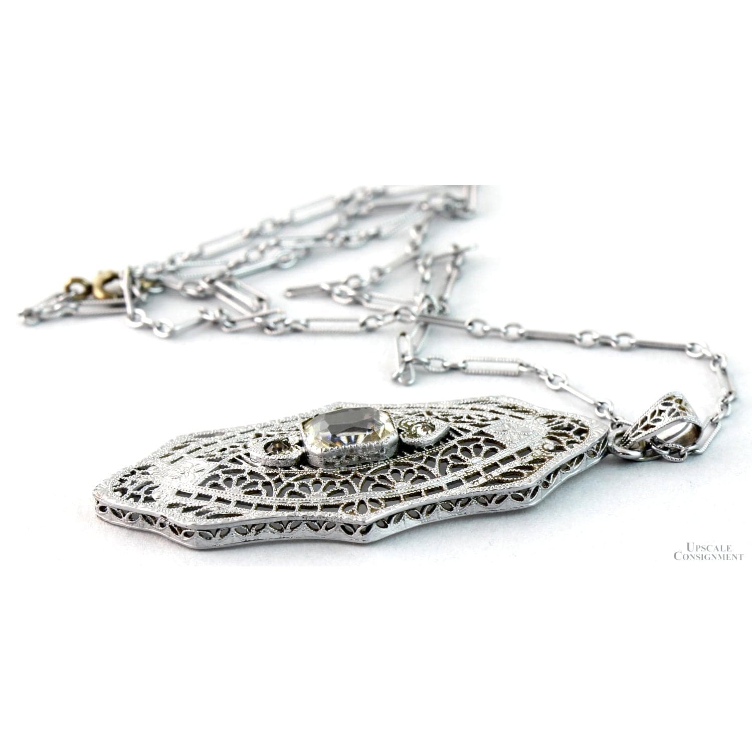 Platinum Filigree Pendant Necklace | 14K White Gold | c.1930 - 16 in - Thumbnail 3