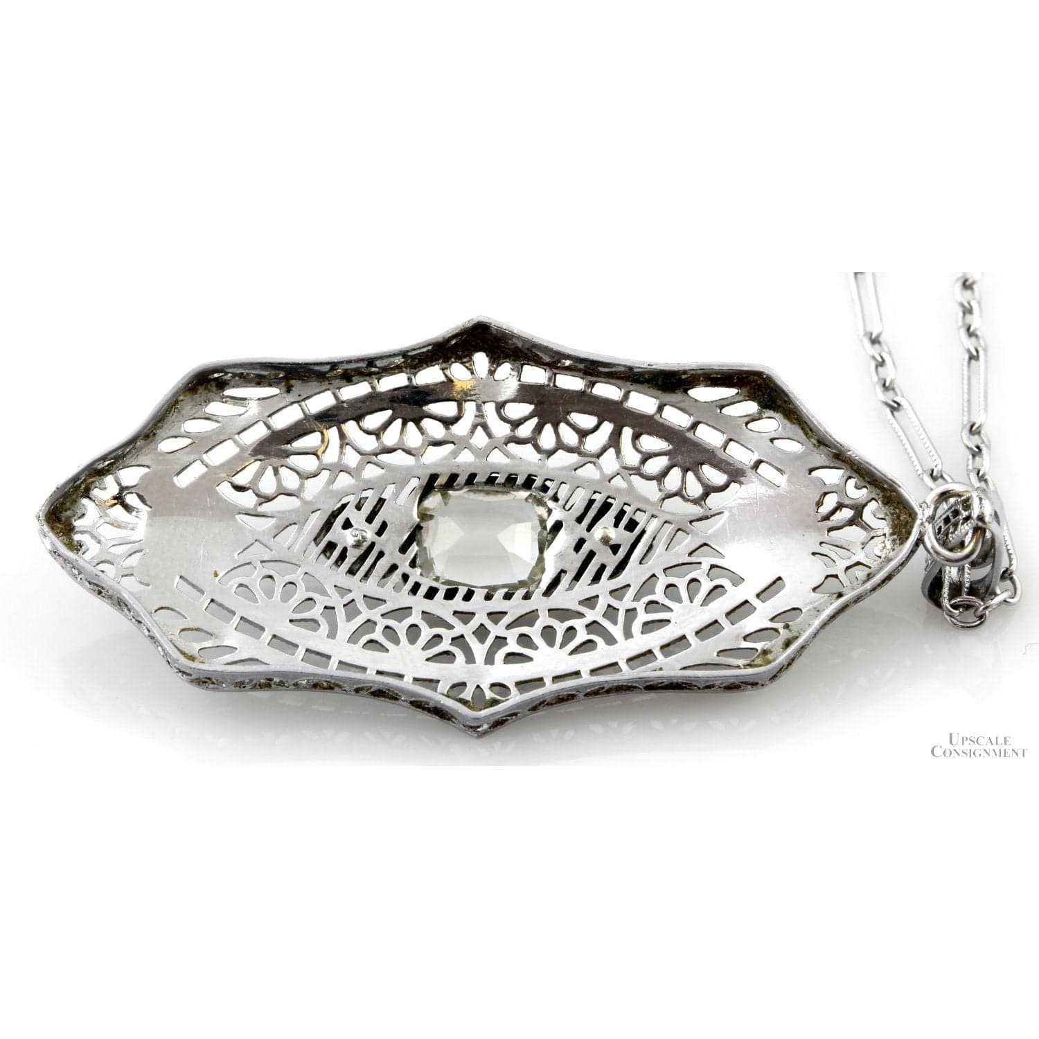 Platinum Filigree Pendant Necklace | 14K White Gold | c.1930 - 16 in - Thumbnail 4