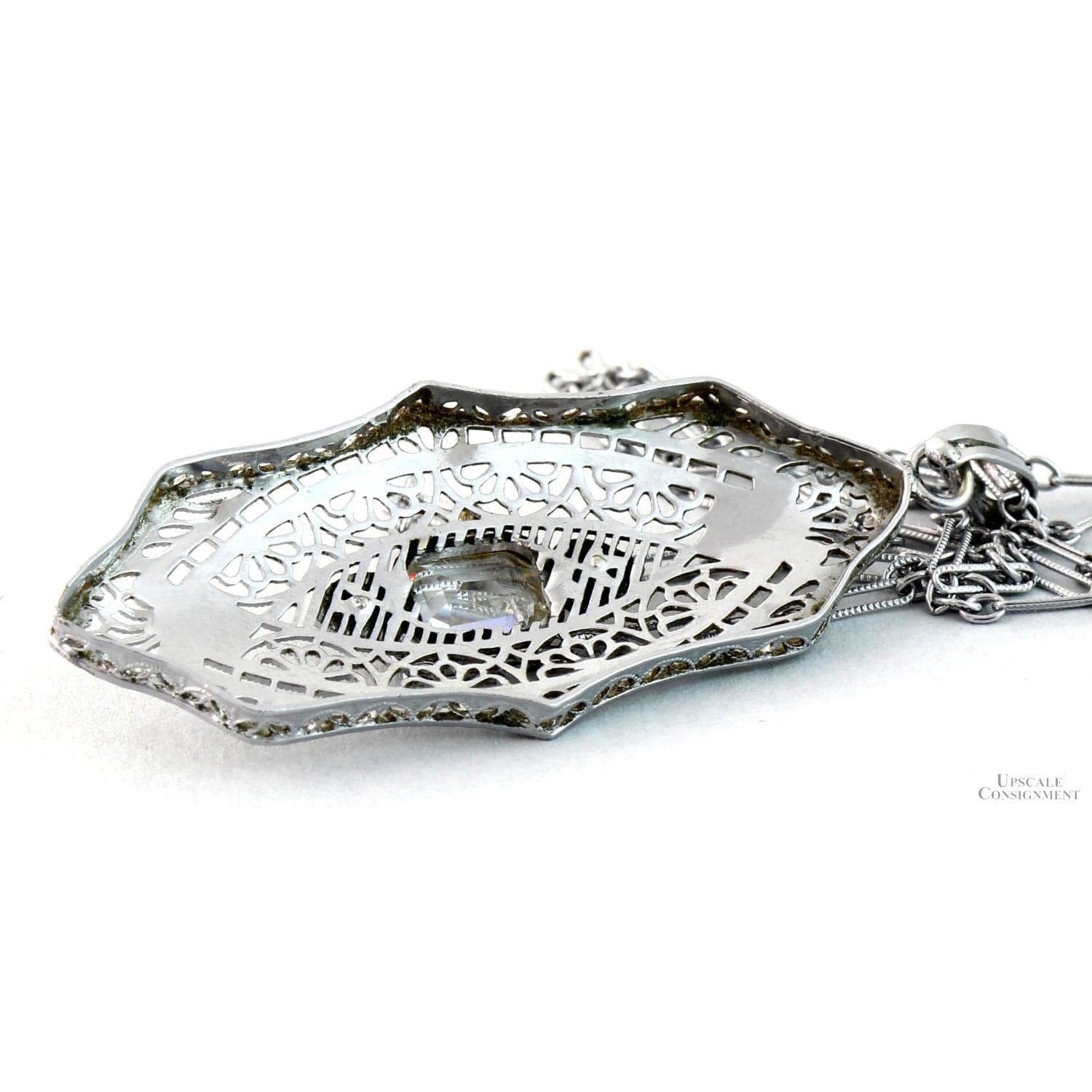 Platinum Filigree Pendant Necklace | 14K White Gold | c.1930 - 16 in - Thumbnail 5