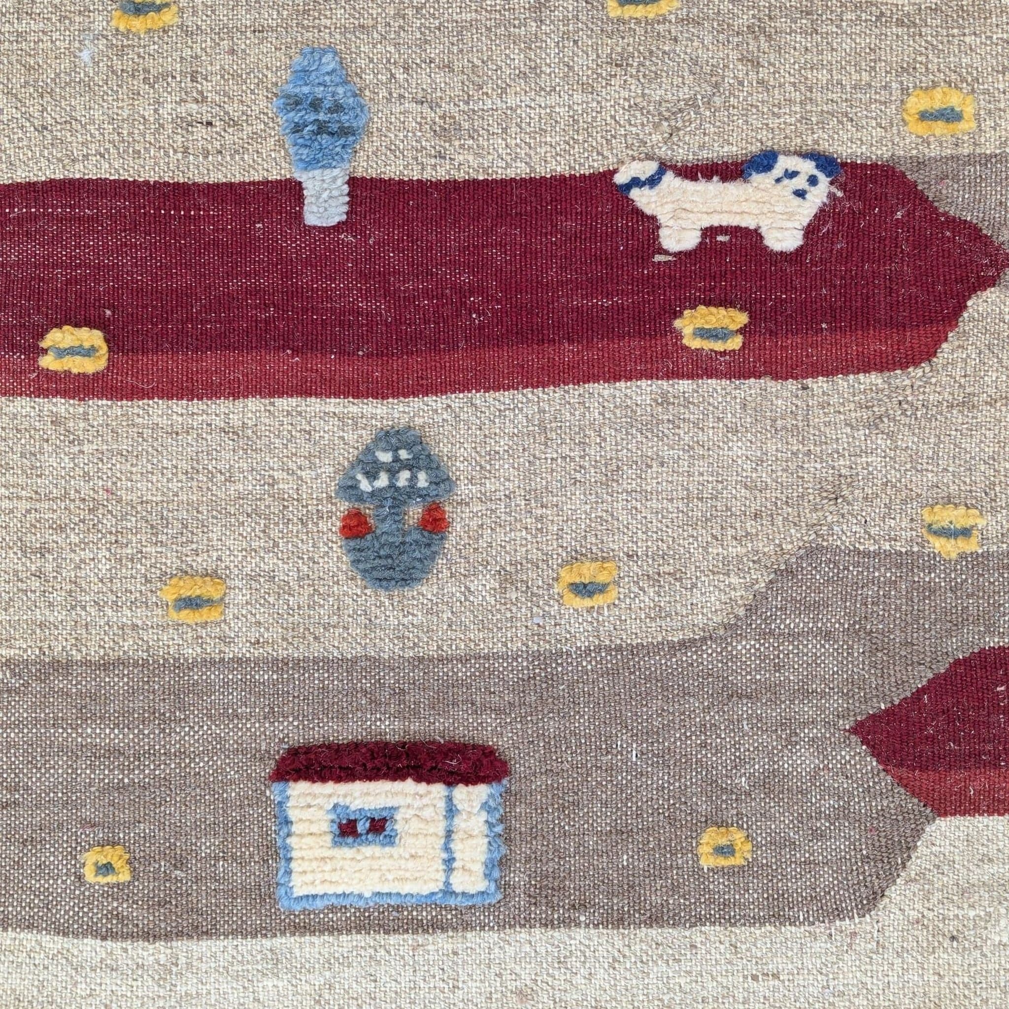 Handmade Turkish Wool Kilim Rug with Animal and Village Motif - Thumbnail 2