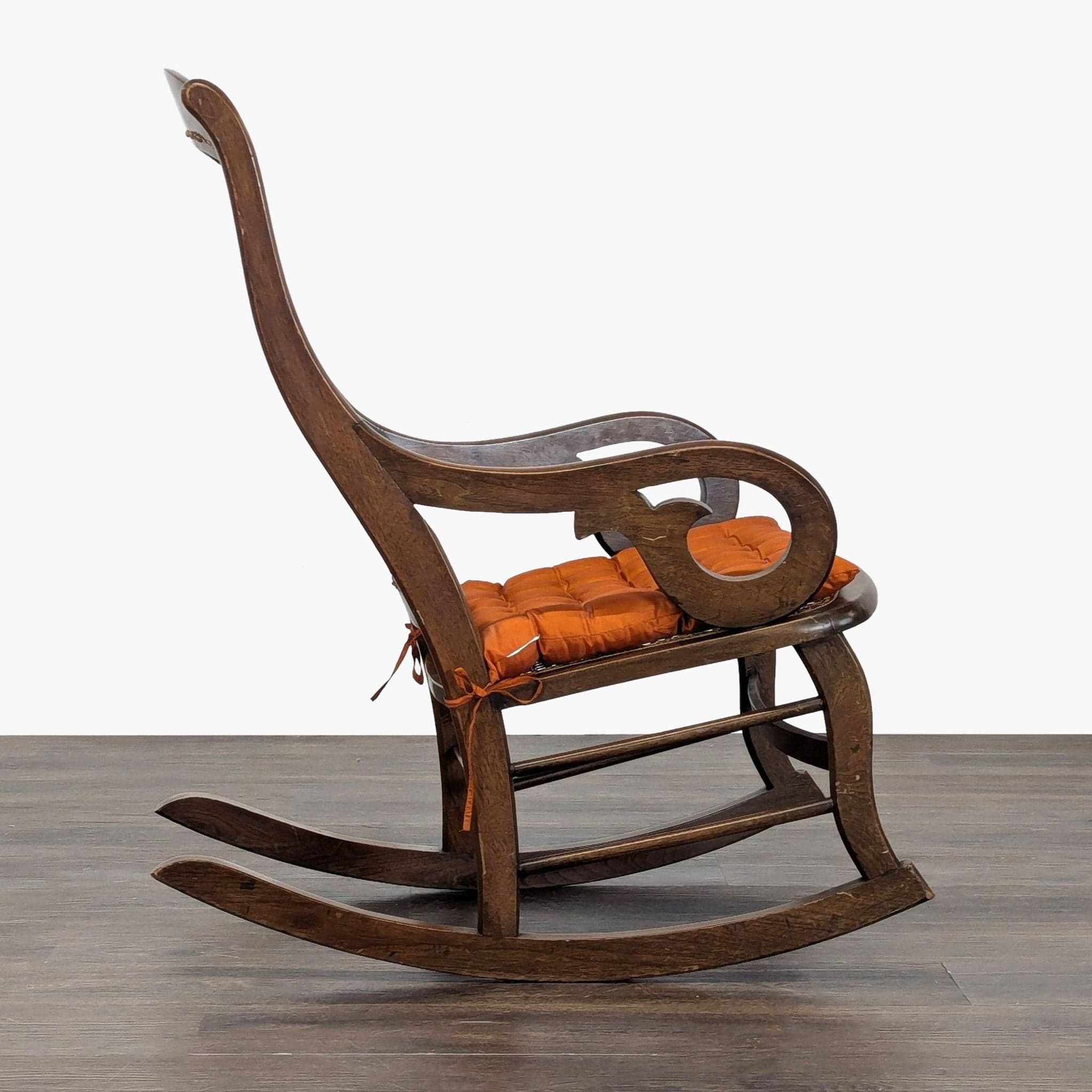 Vintage Bentwood Rocking Chair with Cane Back and Orange Cushion - Thumbnail 2