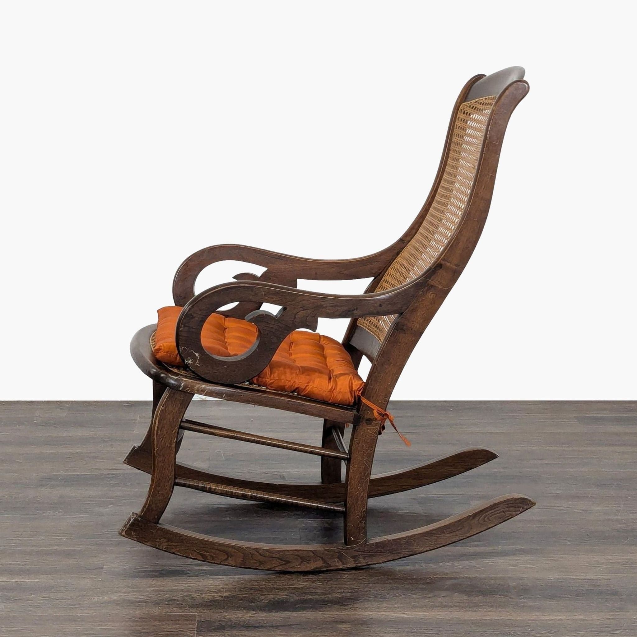 Vintage Bentwood Rocking Chair with Cane Back and Orange Cushion - Thumbnail 5
