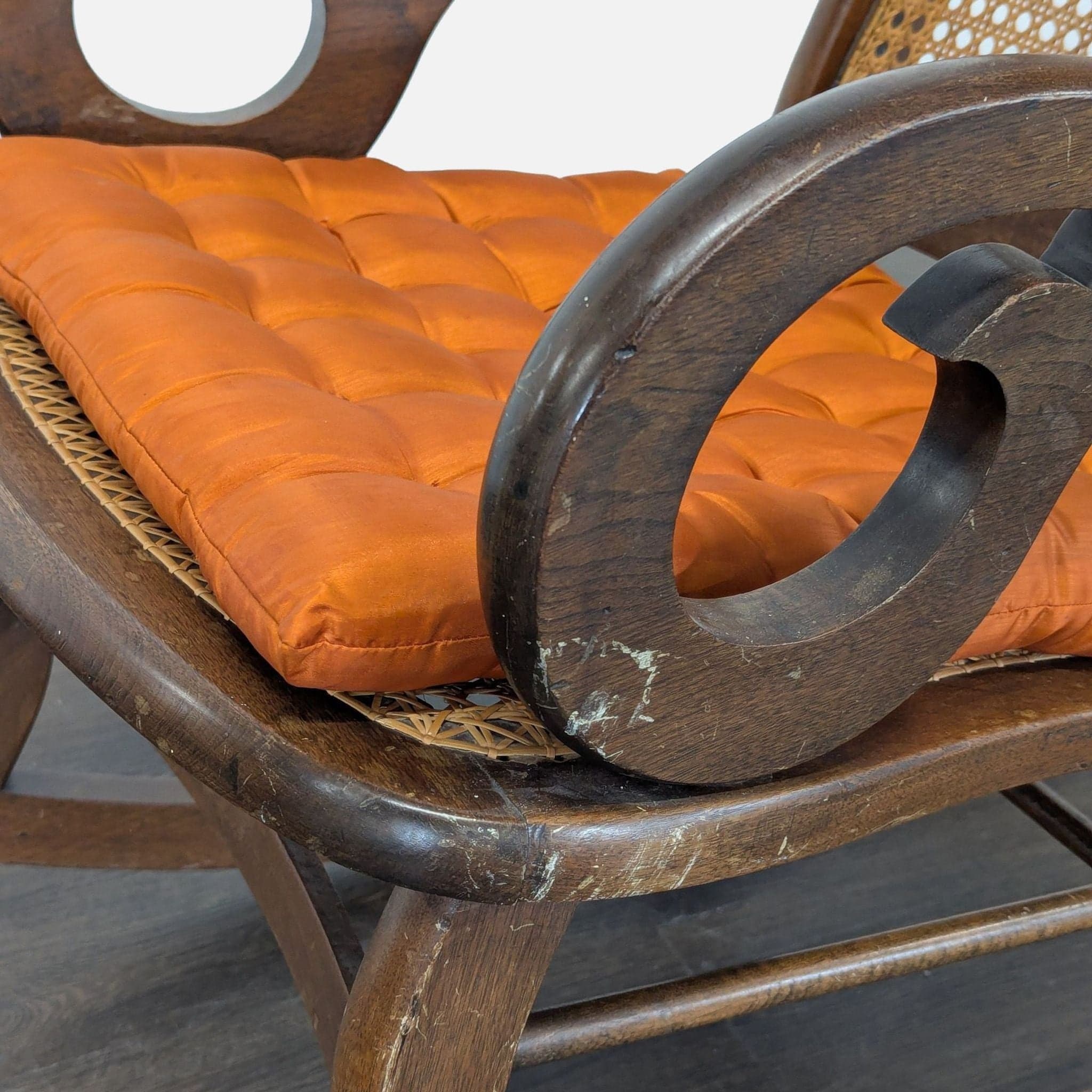 Vintage Bentwood Rocking Chair with Cane Back and Orange Cushion - Thumbnail 6