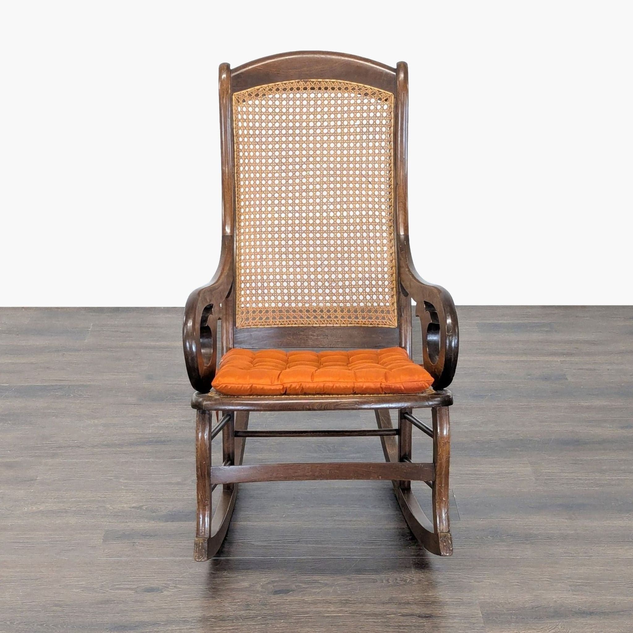 Vintage Bentwood Rocking Chair with Cane Back and Orange Cushion - Thumbnail 10