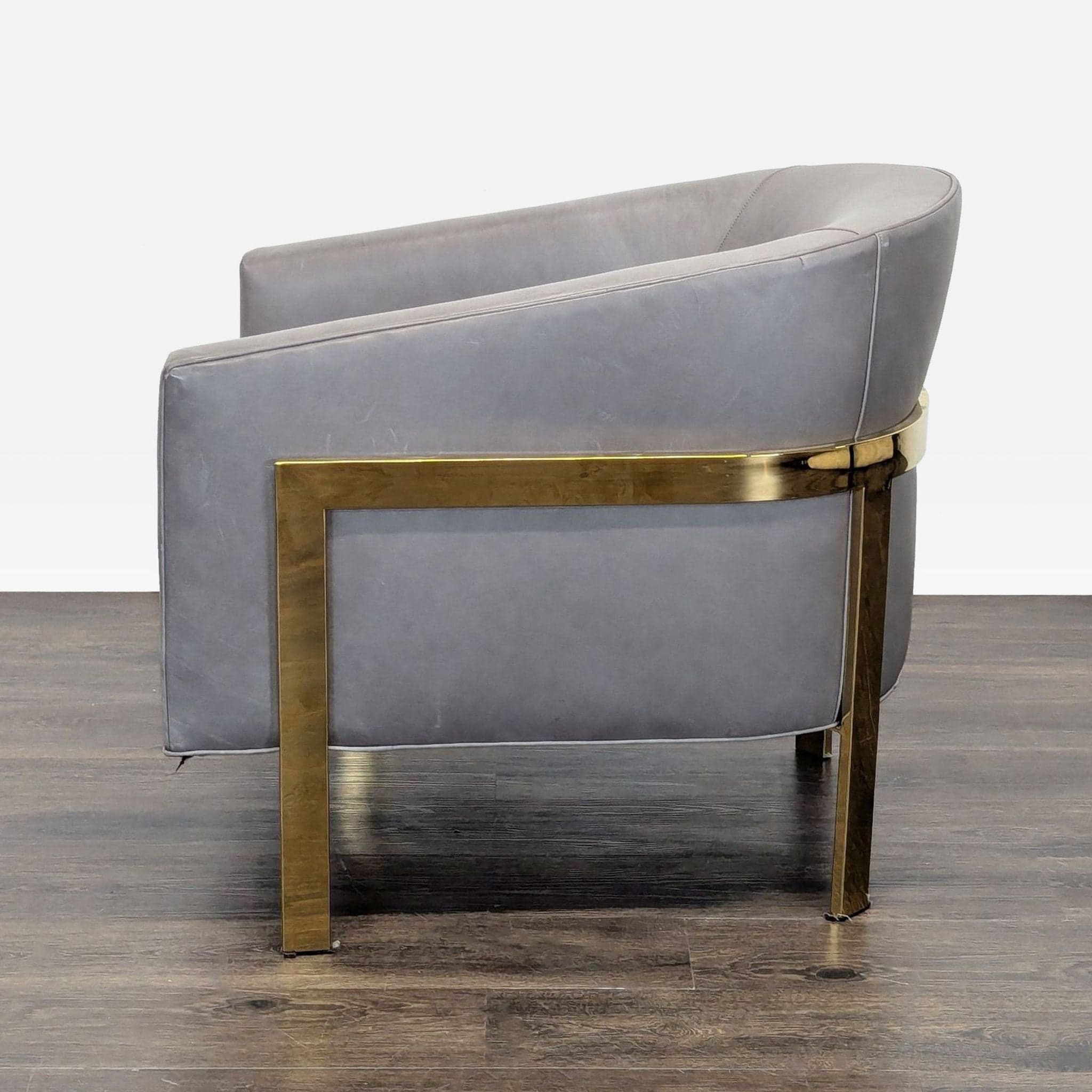 Restoration Hardware Reginald Modern Grey Leather Lounge Chair with Brass Frame - Thumbnail 3