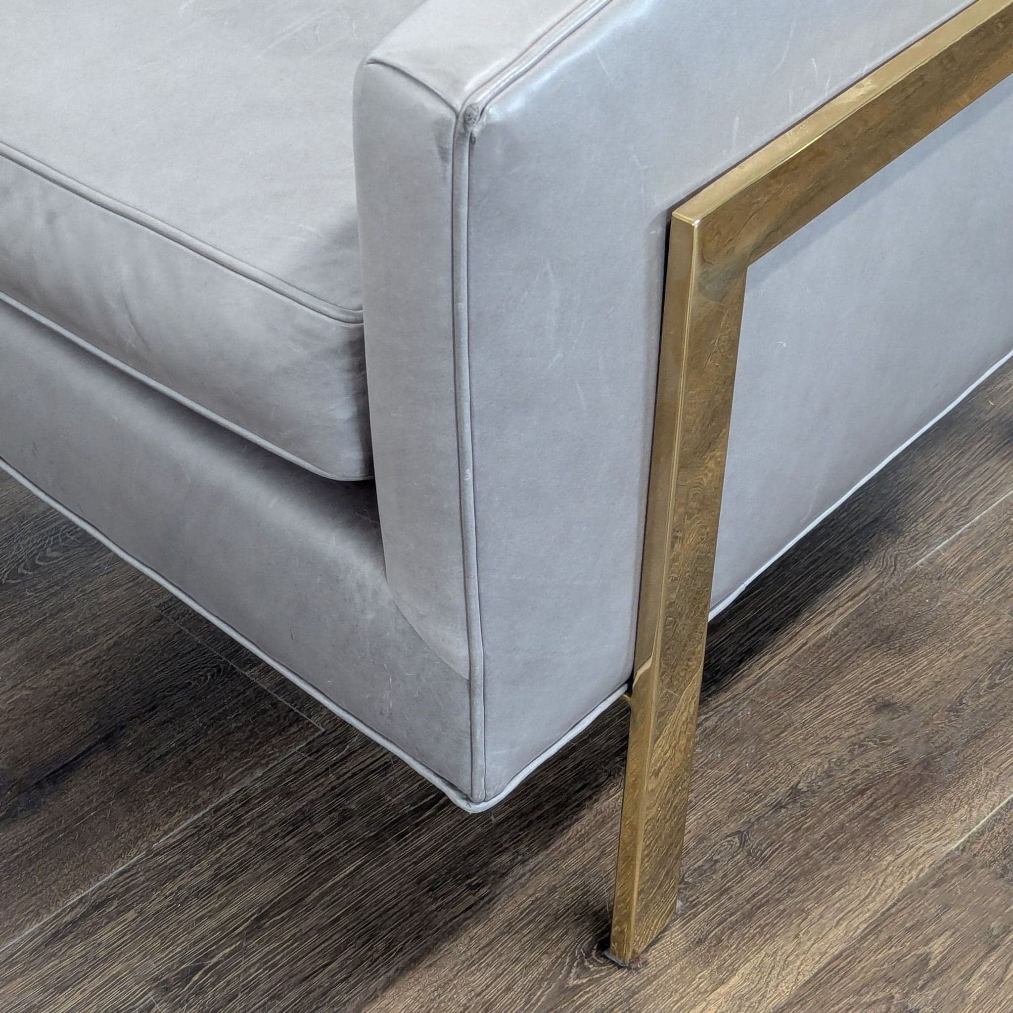 Restoration Hardware Reginald Modern Grey Leather Lounge Chair with Brass Frame - Thumbnail 4