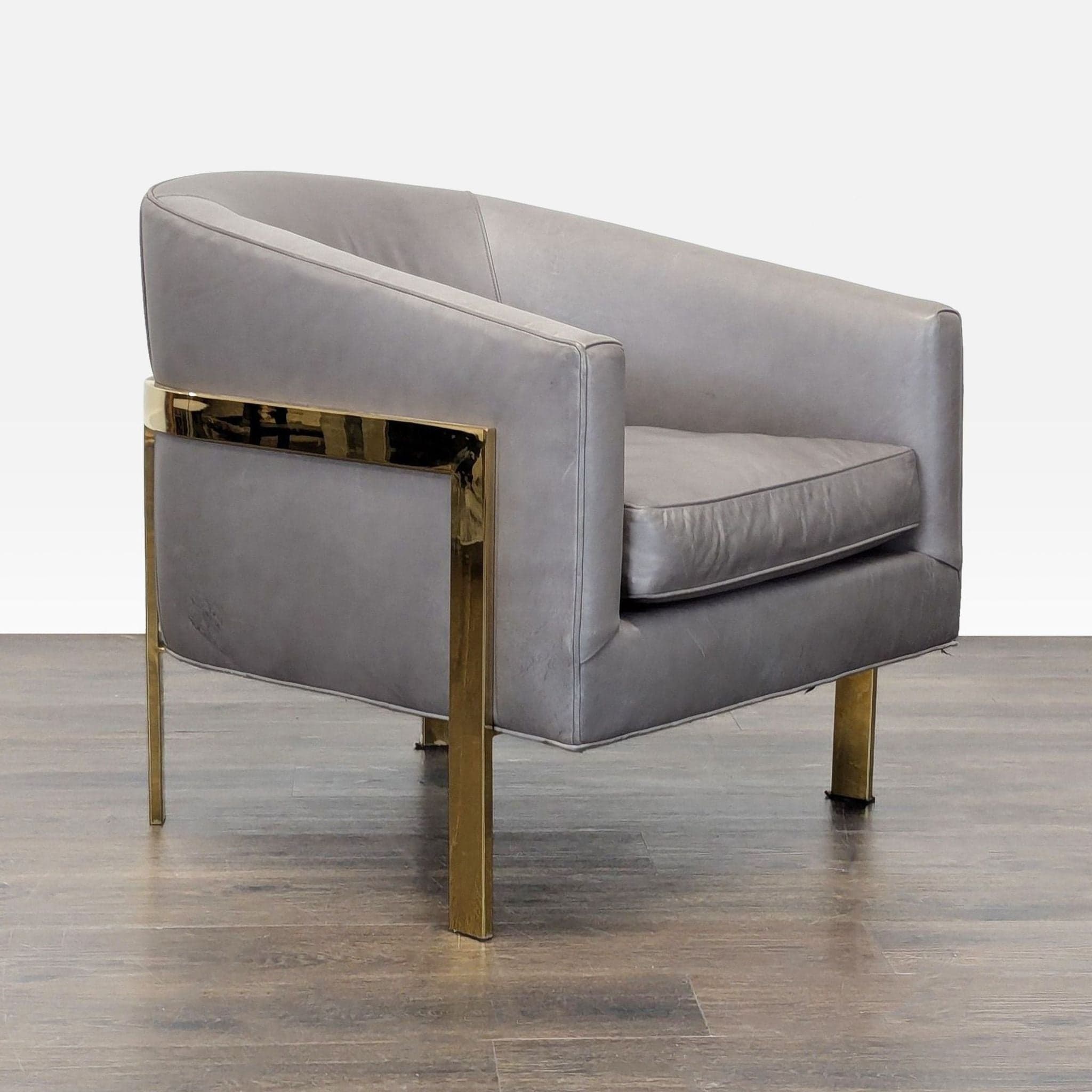 Restoration Hardware Reginald Modern Grey Leather Lounge Chair with Brass Frame - Thumbnail 2